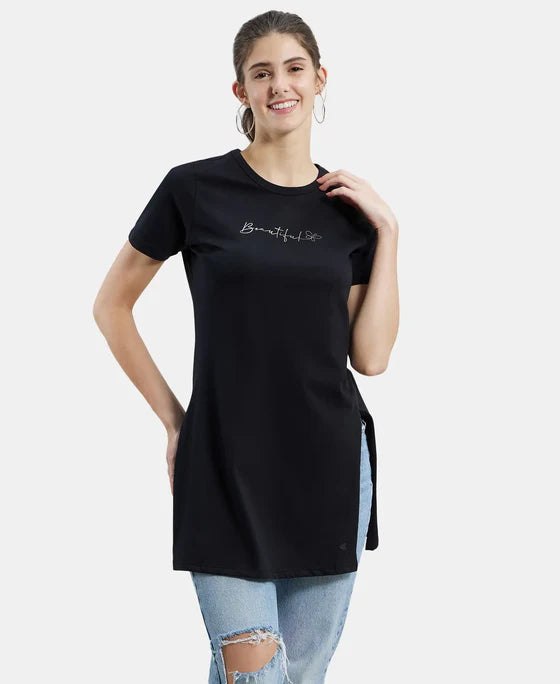 #A142 Super Combed Cotton Printed Fabric Relaxed Fit Long length T-Shirt With Side Slit