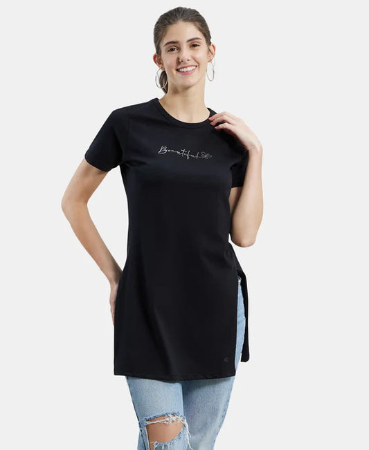 #A142 Super Combed Cotton Printed Fabric Relaxed Fit Long length T-Shirt With Side Slit