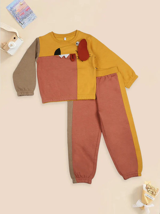 Mee Mee Rust Colorblock Dog Appliqué Jogger Set in Soft Fleece – Cozy & Playful
