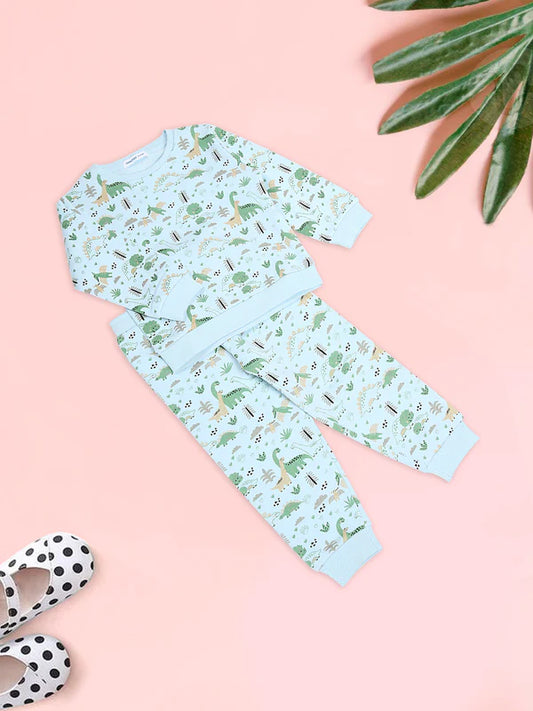Mee Mee Light Blue Dinosaur Print Jogger Set in Cotton Fleece – Cozy & Stylish