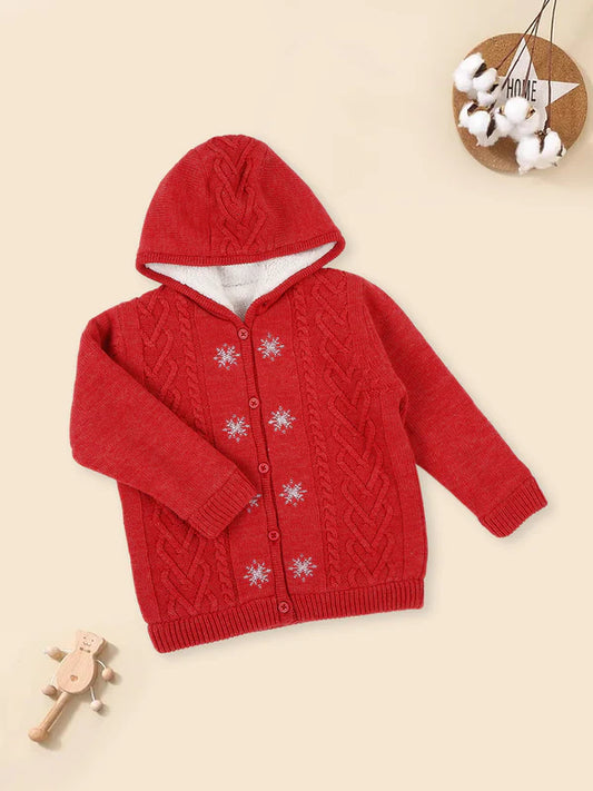 MEEMEE Red Acrylic Hooded Sweater with Charming Snowflakes Design