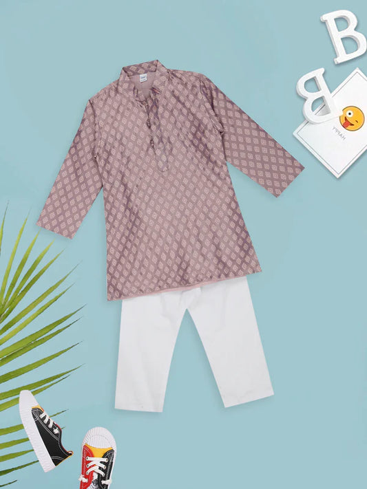 Mee Mee Printed Artisanal Silk Kurta and White Pant Set in Onion Shade for Boys