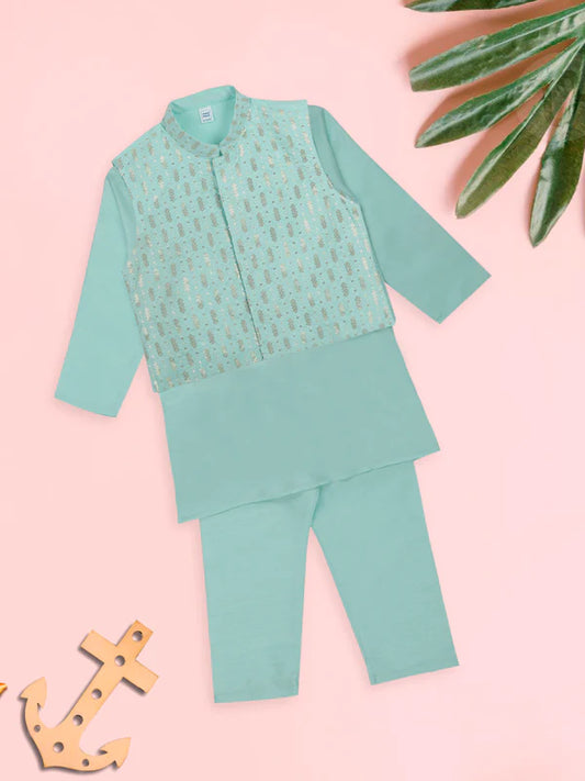 Mee Mee Mint Artisanal Silk Kurta Set with Embellished Nehru Jacket – Festive Wear