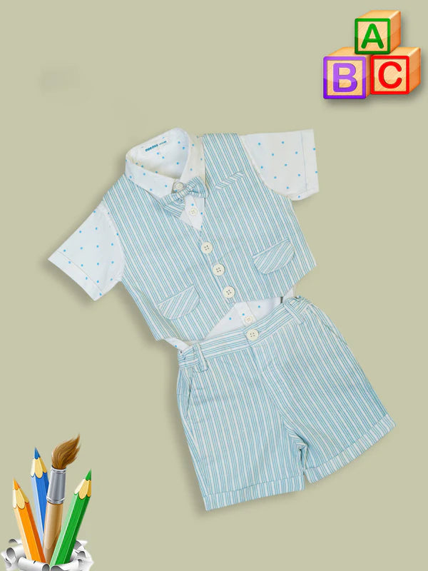 Meemee Blue and White Striped Cotton Waistcoat Set for Baby Boys