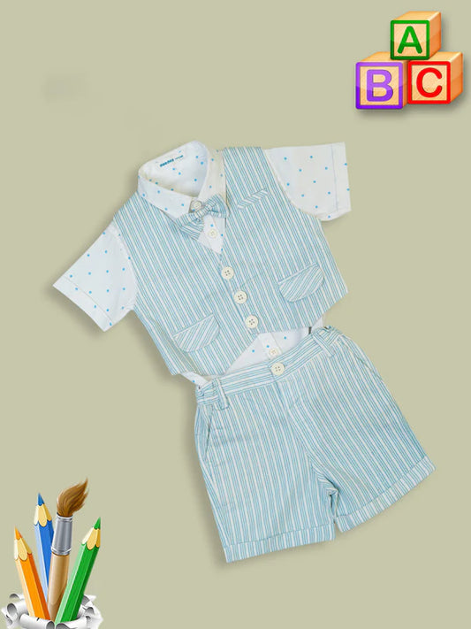 Meemee Blue and White Striped Cotton Waistcoat Set for Baby Boys