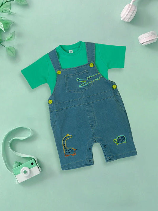 Mee Mee Dark Blue Denim Romper Set with Fun Animal Embroidery – Cute & Comfortable Outfit