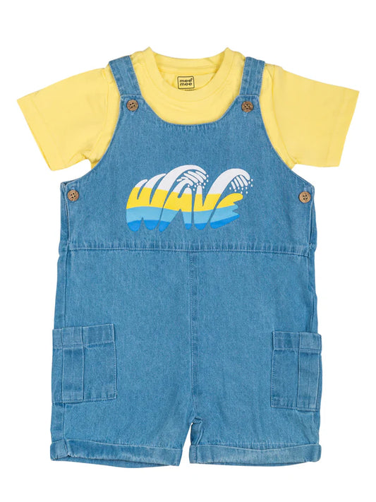 Meemee Blue Denim Romper Set for Baby Boys with Wave Design