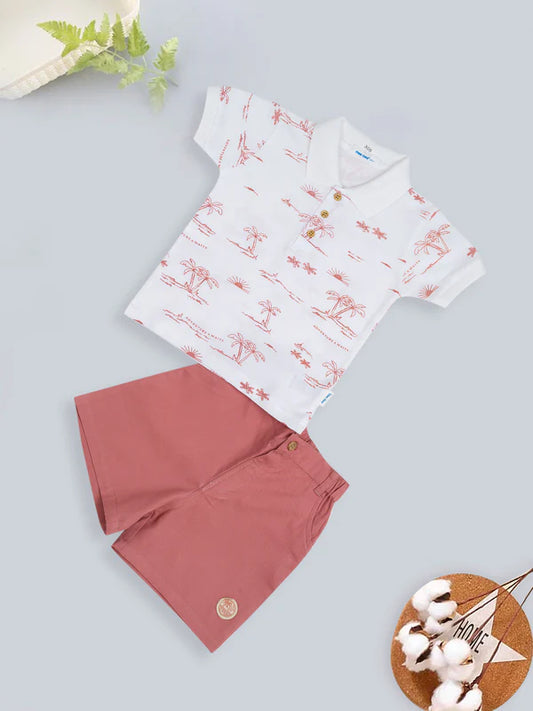 Meemee Baby Boy's Knit Short Set: Adorable White Shirt Paired with Pink Shorts