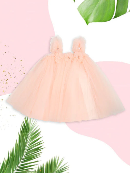 MEE MEE Peach Partywear Frock – Elegant Tulle Design with Floral Embellishments