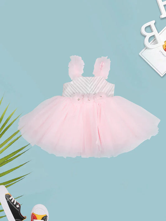 Mee Mee Pink Polyfill Partywear Frock – Elegant Tulle Skirt with Ruffled Straps & Floral Accents