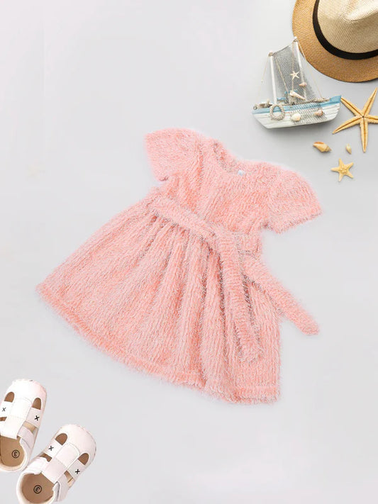 Meemee Baby Girl's Pink Velvet Fuzzy Dress with Bow - Perfect for Any Occasion