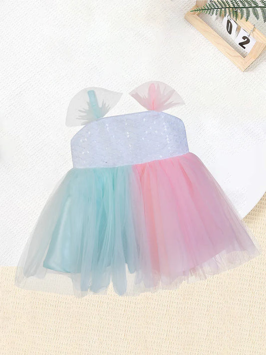 MEEMEE Multi-Colored Baby Girl's Partywear Frock with Pink and Blue Tulle
