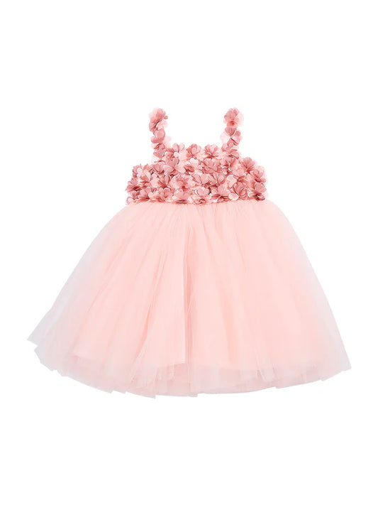 Meemee Charming Pink Party Dress with Tulle Skirt and Floral Embellishment