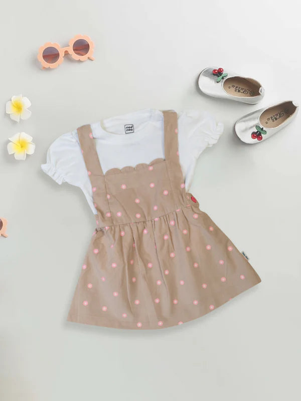 Meemee Beige Cotton Pinafore Set: Adorable Baby Girl's Beige and Pink Polka Dot Dress