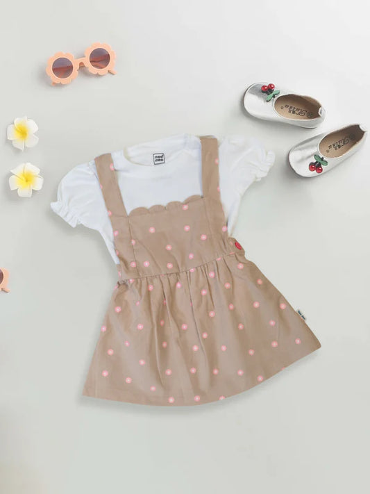 Meemee Beige Cotton Pinafore Set: Adorable Baby Girl's Beige and Pink Polka Dot Dress