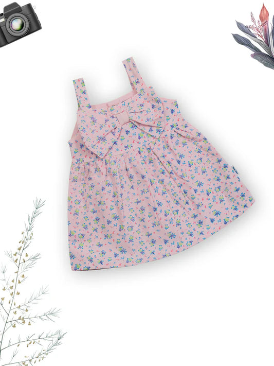 Meemee Light Pink Cotton Frock with Blue Flowers for Baby Girls