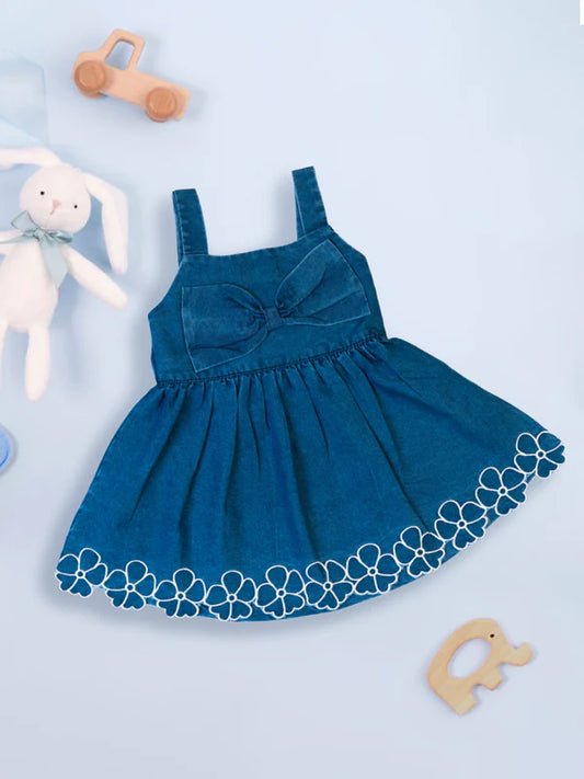 Meemee Dark Blue Denim Frock with White Embroidery for Baby Girls - Stylish & Comfortable