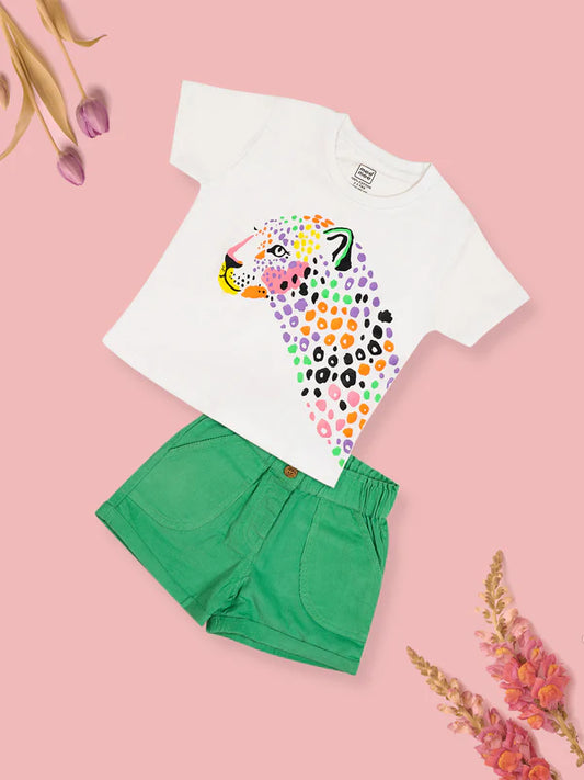 Mee Mee Kids' Cotton Short Set – White Leopard Print T-Shirt & Green Shorts for Comfort & Style