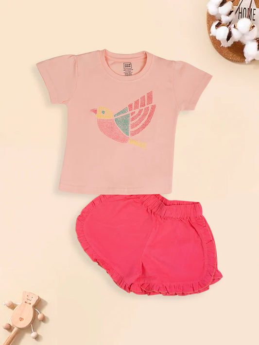 Mee Mee Cotton Shorts Set – Pink Bird Print T-Shirt & Ruffle Shorts for Kids