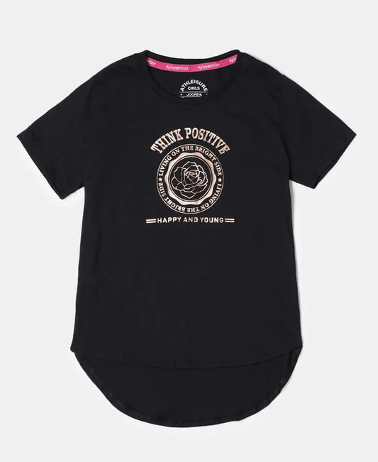 #AG70 Girl's Super Combed Cotton Graphic Printed Short Sleeve T-Shirt with Hi Low Hem