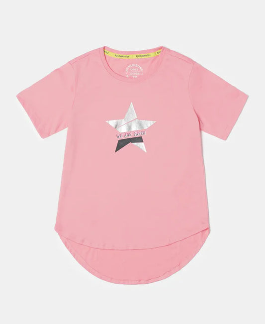 #AG70 Girl's Super Combed Cotton Graphic Printed Short Sleeve T-Shirt with Hi Low Hem