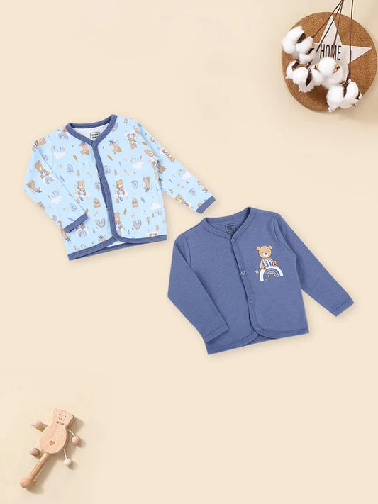 Mee Mee Cotton Jabala Value Pack – Soft Baby Cardigans, Blue & Off-White, Bear Print