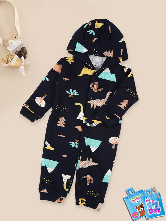 Mee Mee Navy Cotton Hooded Romper – Cute Dinosaur Print, Full Coverage & Cozy Fit