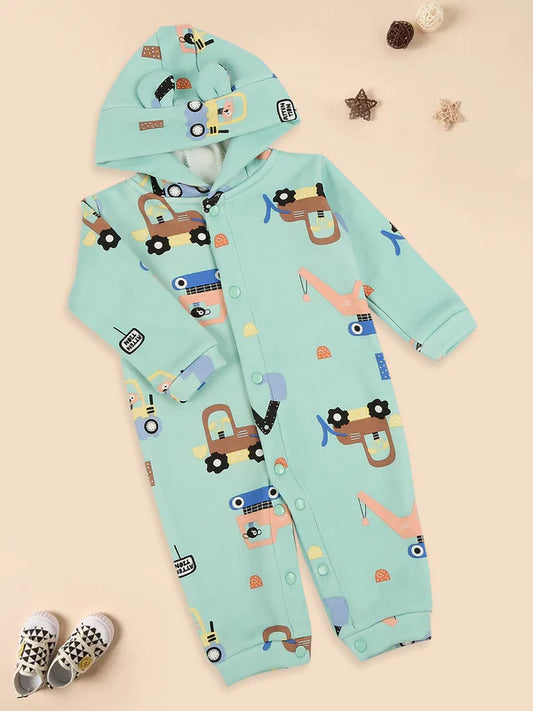Mee Mee Green Cotton Romper with Playful Construction Print & Cozy Hood