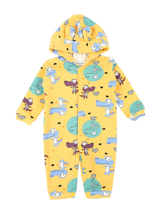 Mee Mee Yellow Cotton Romper with Playful Dinosaur Print & Cozy Hood
