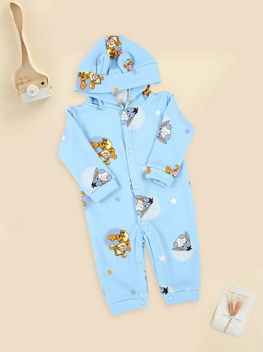 Mee Mee Light Blue Hooded Romper with Playful Tiger & Star Print for Baby Boys & Girls