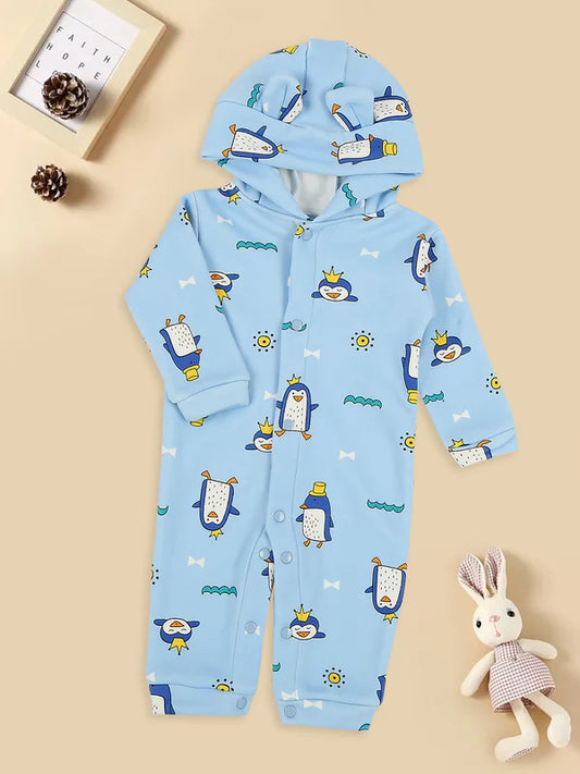 Mee Mee Light Blue Cotton Romper with Cute Penguin Print & Cozy Hood