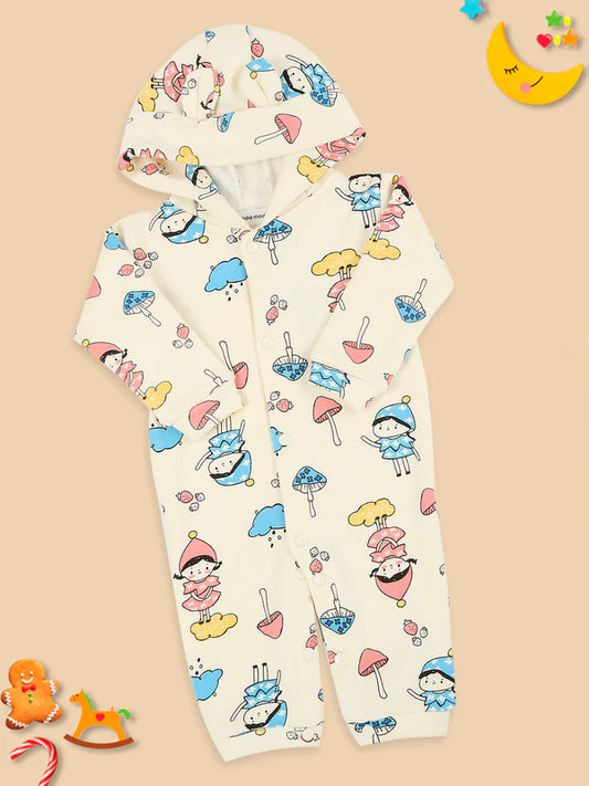 Mee Mee Cotton Hooded Romper – Off-White Baby Outfit with Cute Fairy and Mushroom Print