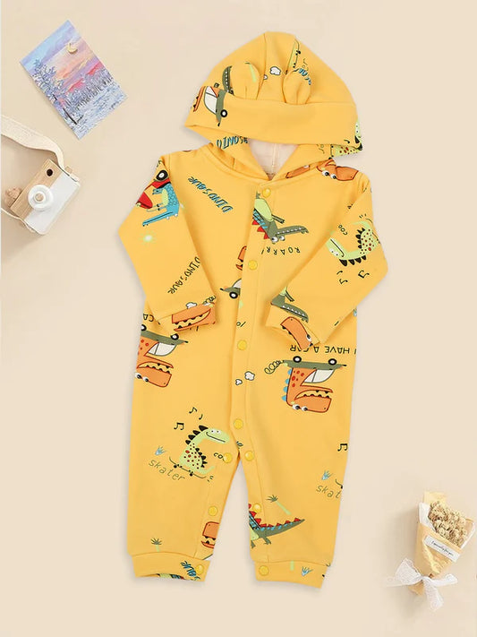 Mee Mee Yellow Cotton Romper with Playful Dinosaur Print & Cozy Hood