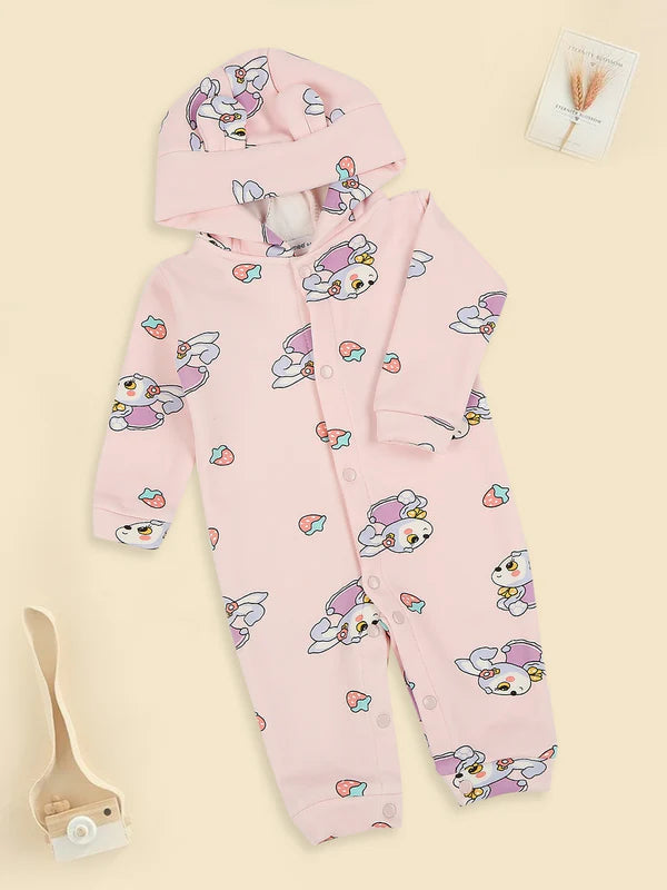 Mee Mee Pink Cotton Hooded Romper with Bunny Print & Snap Button Closure