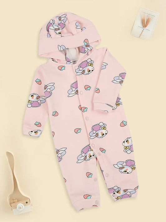 Mee Mee Pink Cotton Hooded Romper with Bunny Print & Snap Button Closure