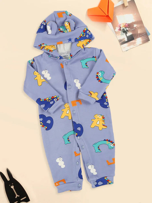 Mee Mee Light Blue Cotton Romper with Fun Dinosaur Print & Cozy Hood