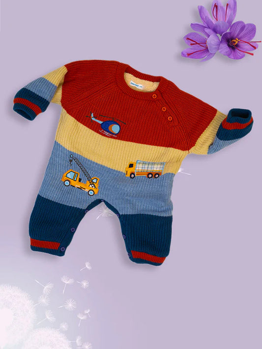Mee Mee Multi-Colored Knitted Romper – Cozy Acrylic Fabric with Fun Vehicle Embroidery