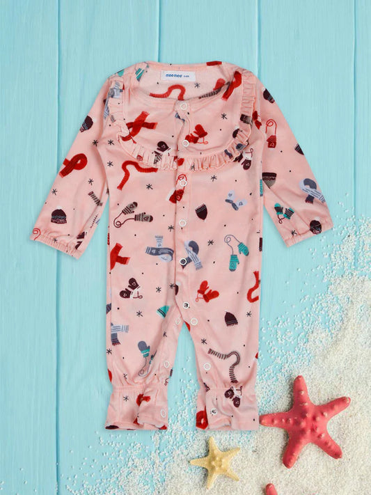 Mee Mee Velour Baby Romper – Pink, Soft & Cozy, Adorable Printed Design