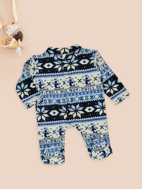Mee Mee Blue Velour Romper with Cozy Winter Print & Front Button Closure