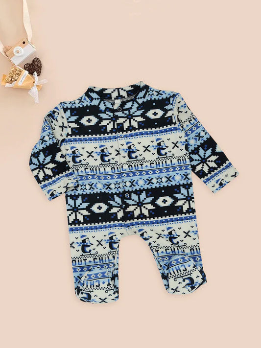 Mee Mee Blue Velour Romper with Cozy Winter Print & Front Button Closure