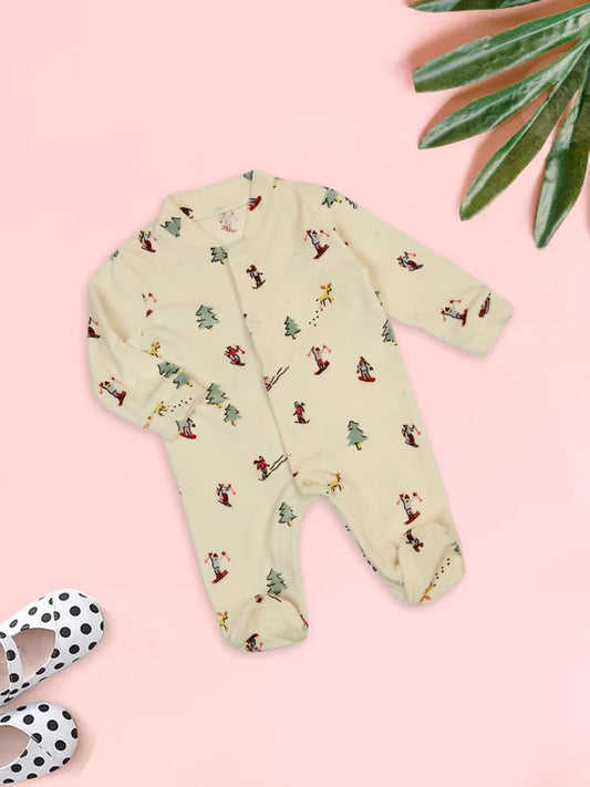 Mee Mee Off-White Velour Baby Romper – Cozy Full-Sleeve Winter Wear with Cute Ski Print