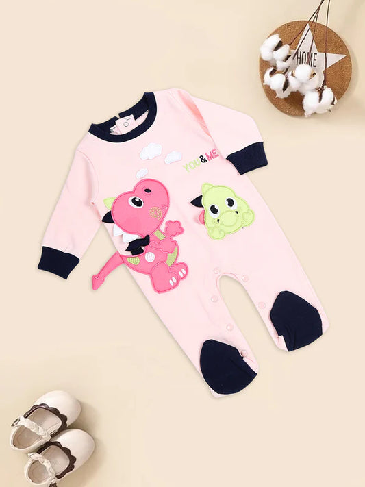 Mee Mee Pink Fleece Romper with Cute Dinosaur Appliqué & Contrast Cuffs