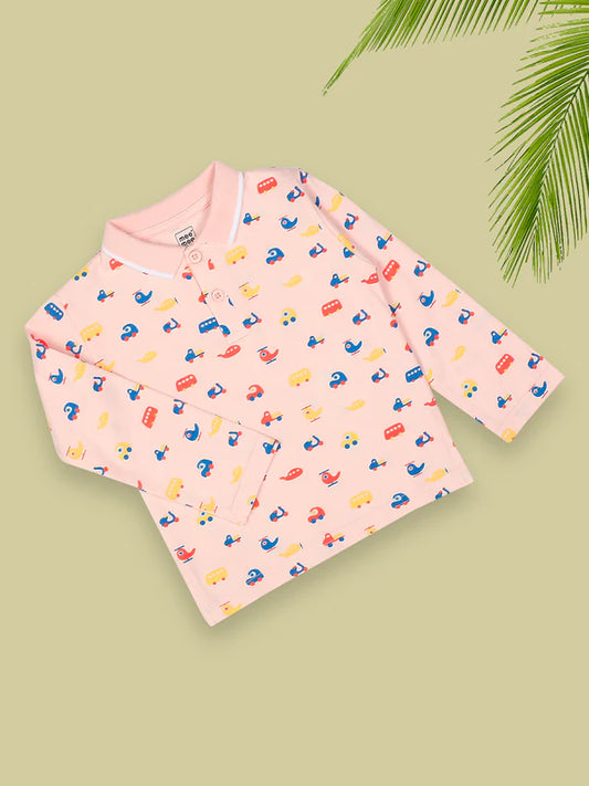 Mee Mee Light Pink Cotton Polo T-Shirt – Long Sleeve Transport Print Tee for Kids