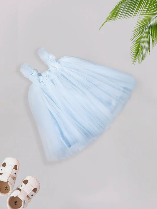 MEE MEE Light Blue Partywear Frock – Tulle Flare with Floral Strap Detailing