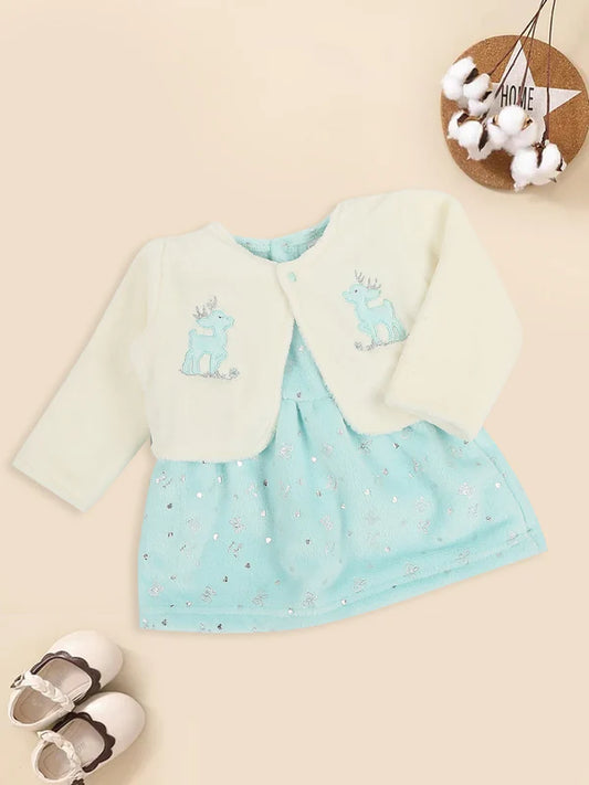 Mee Mee Light Blue Fur Dress with Cozy Jacket & Reindeer Embroidery – 2-Piece Set