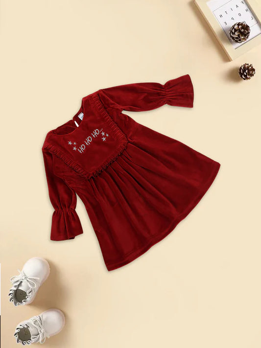 Mee Mee Red Velvet Dress with Festive Embroidery – Soft & Stylish Winter Wear for Girls
