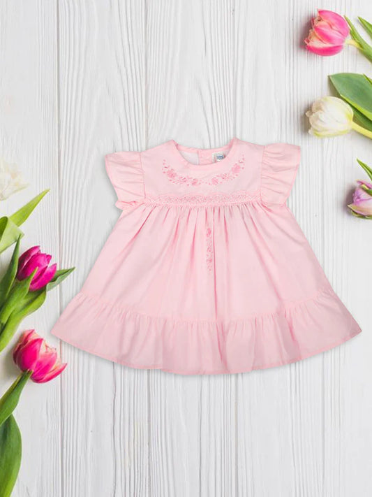 MEE MEE Light Pink Baby Dress – Cotton Embroidered Ruffle-Sleeve Outfit for Comfort