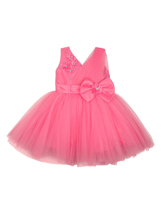 Mee Mee Pink Partywear Frock with Floral Embellishments and Bow Accent