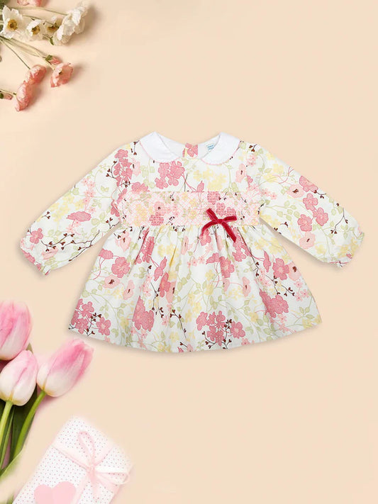 MEE MEE White Cotton Floral Frock – Peter Pan Collar & Smocked Bodice for Elegance