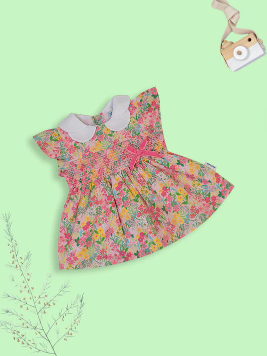 MEE MEE Pink Floral Cotton Frock – Adorable Peter Pan Collar & Smocked Waist for Comfort